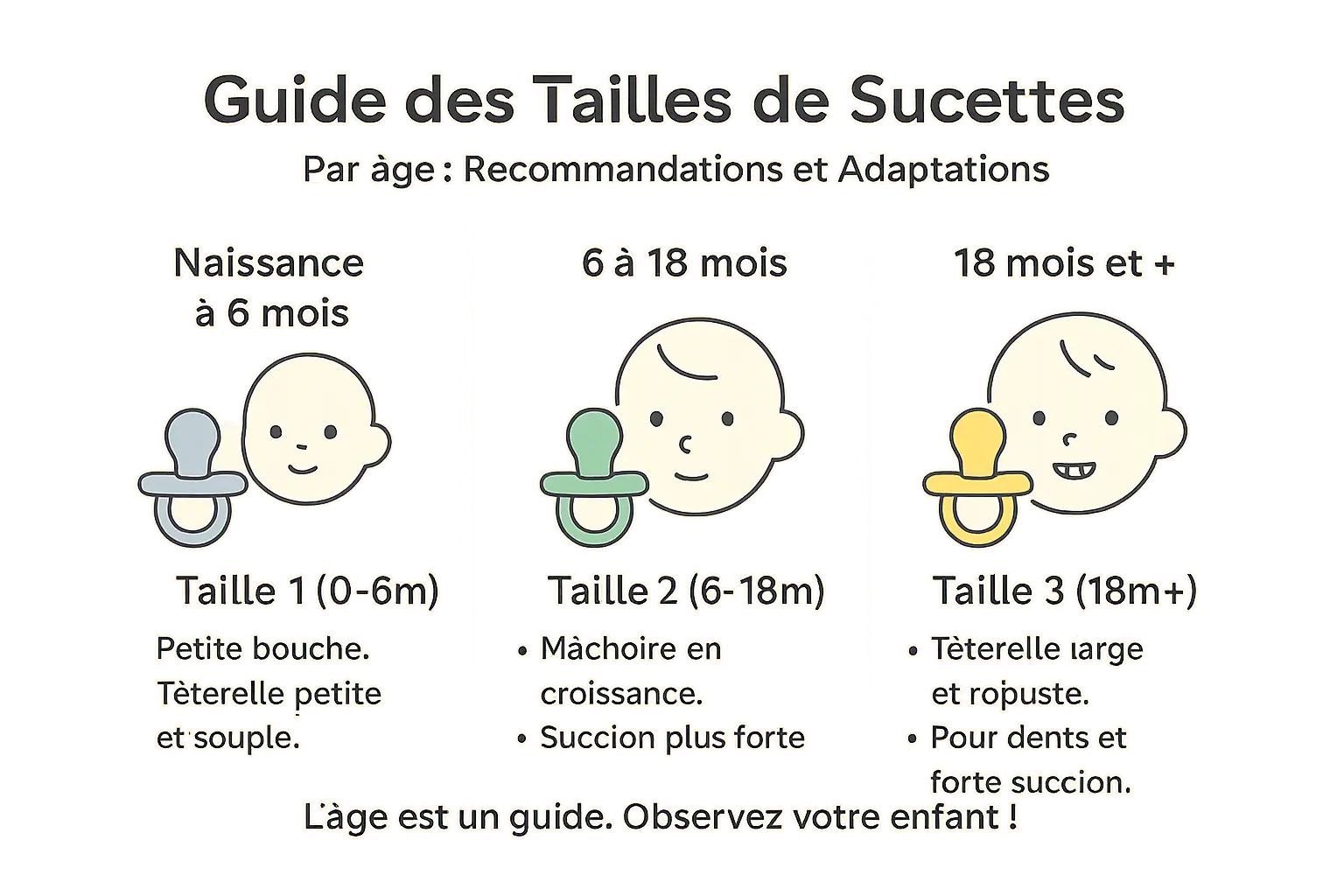 Guide visuel des tailles de sucettes par âge