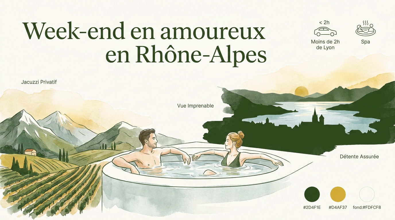 Couple profitant d'une vue panoramique sur les montagnes lors d'un week-end amoureux en Rhône-Alpes
