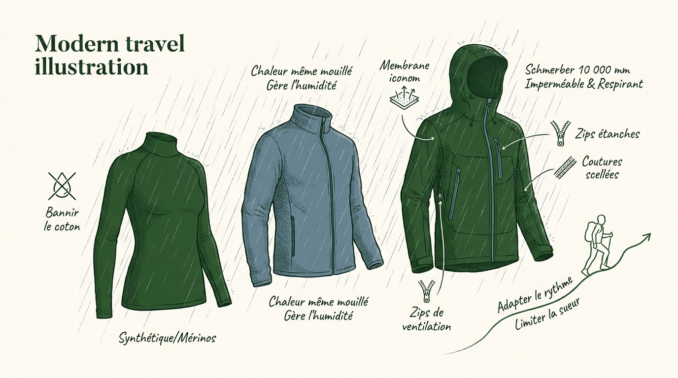 Vêtements de randonnée techniques imperméables et respirants pour marcher sous la pluie