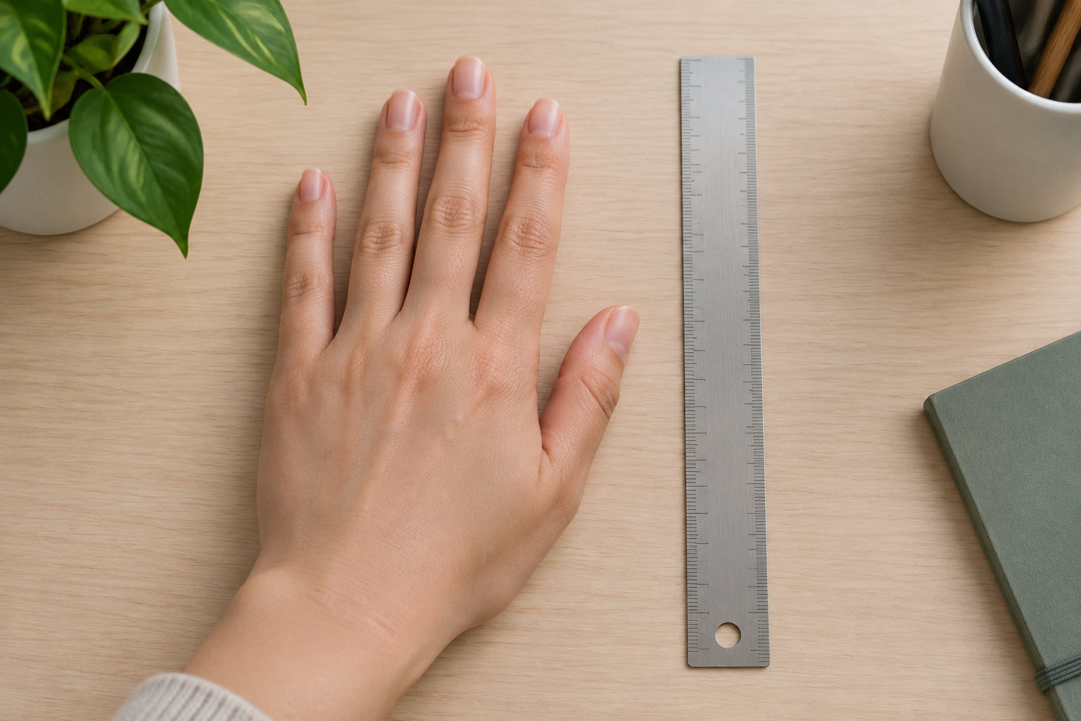 Une main est posée à côté d’une règle métallique sur un bureau en bois, près d’une plante, d’un pot à crayons et d’un carnet.