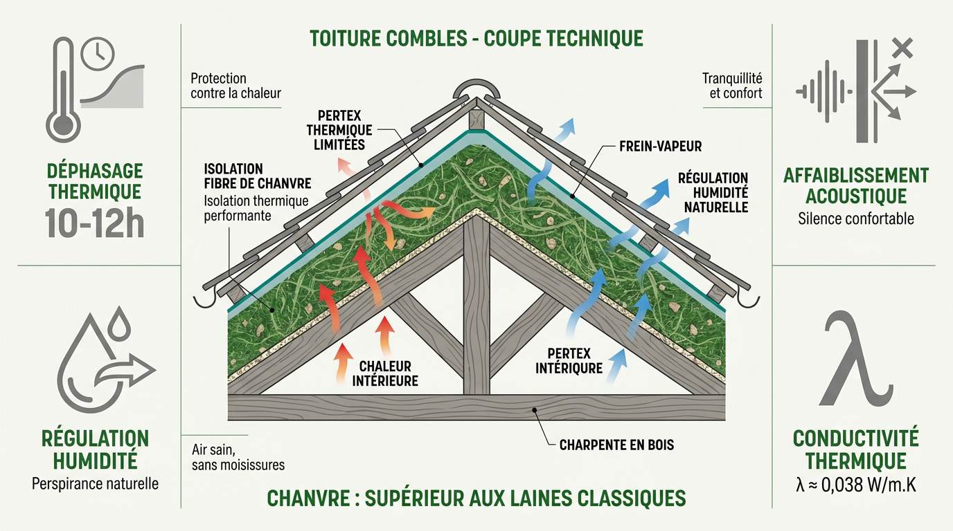 Infographie comparative des performances de l'isolation des combles au chanvre