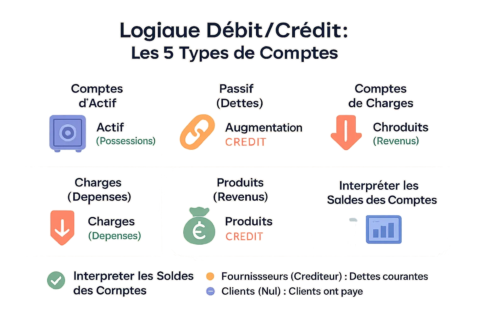 Schéma des règles de débit/crédit pour les 5 types de comptes