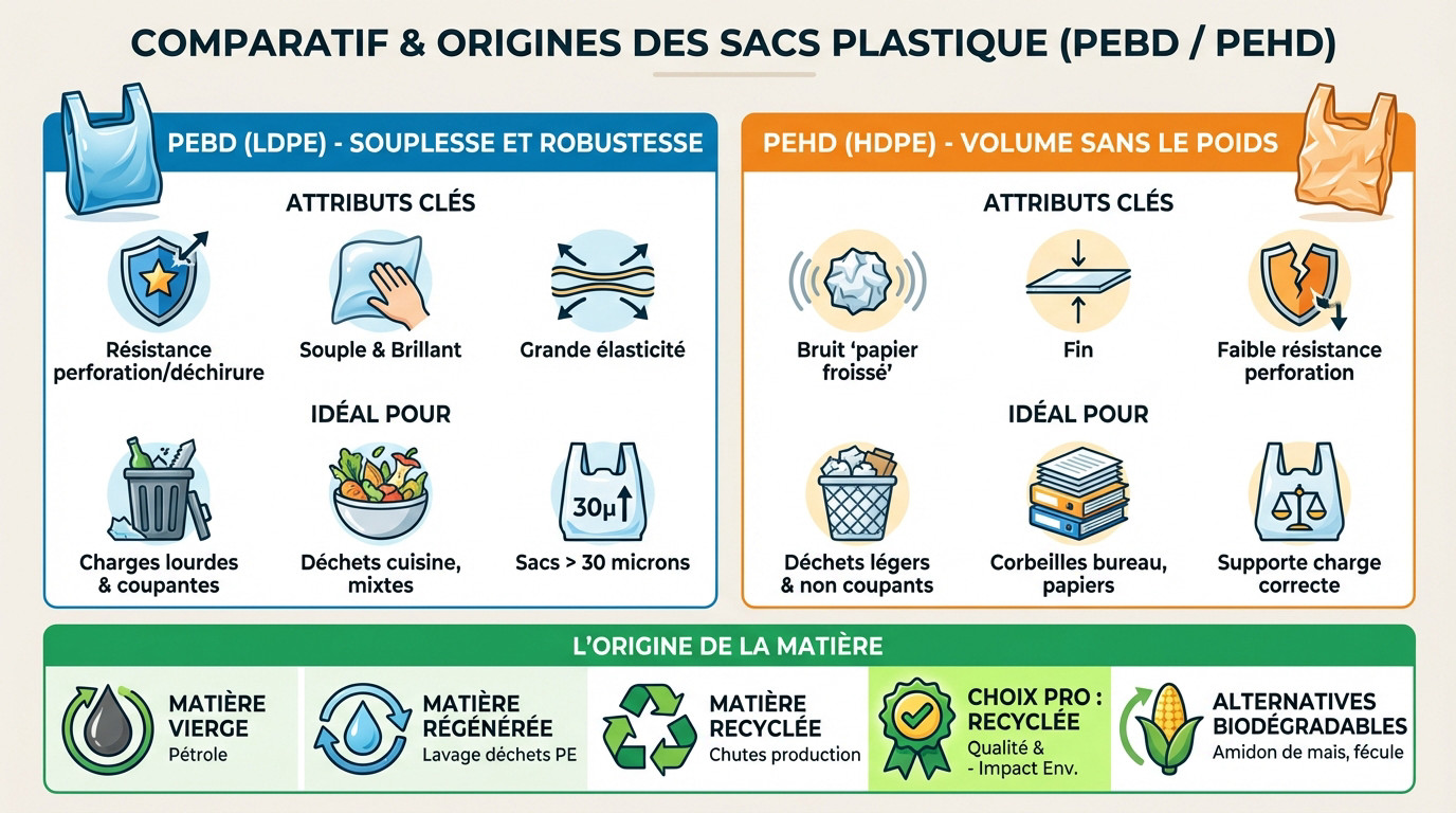 Comparatif visuel entre les sacs poubelles PEBD et PEHD selon l'origine de la matière