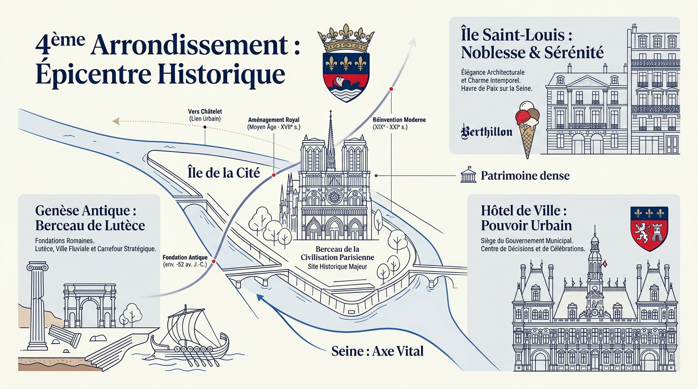 Vue historique de l'Hôtel de Ville et des quais de Seine dans le 4ème arrondissement de Paris