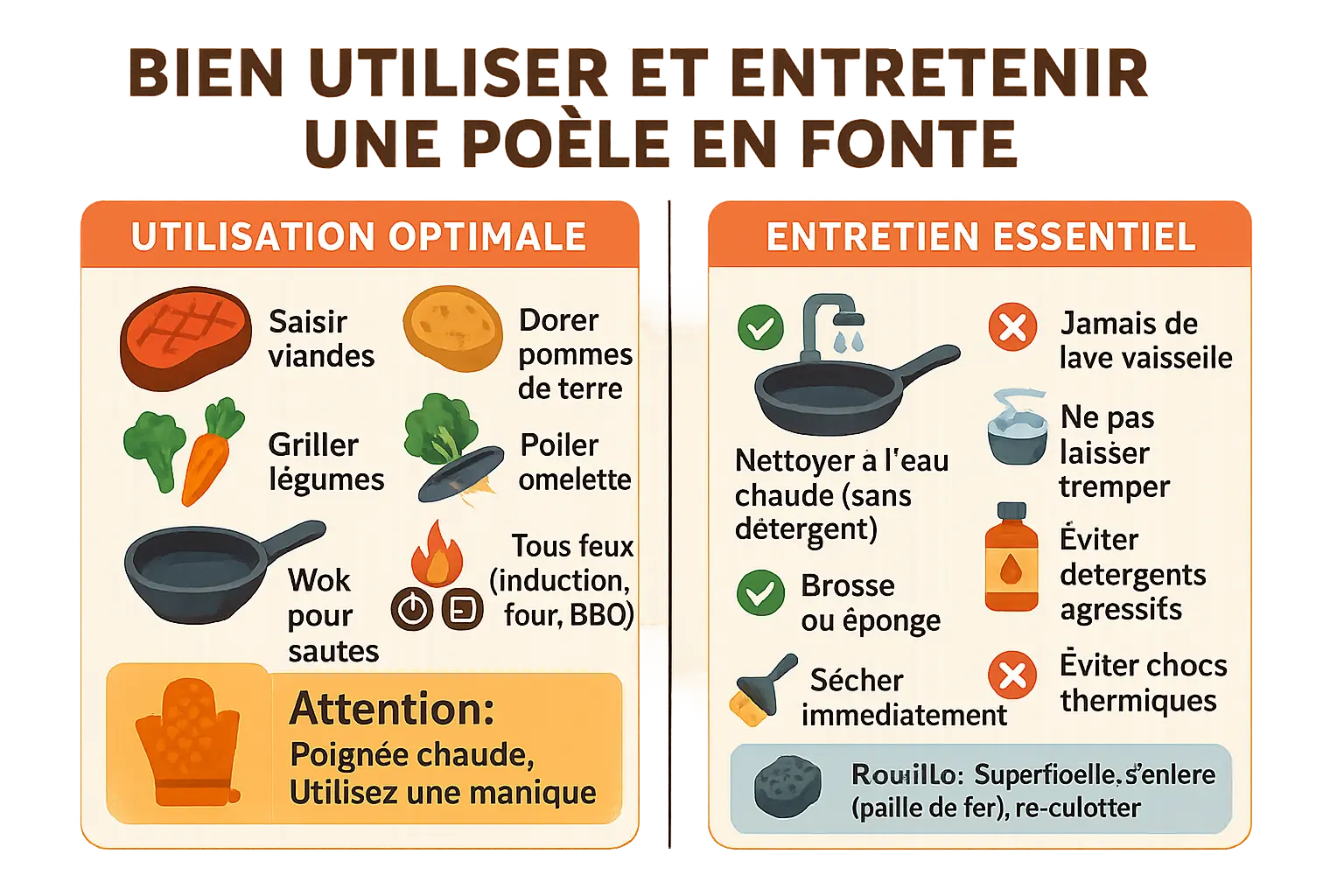 Illustration d'un poêle en fer forgé en utilisation et entretien