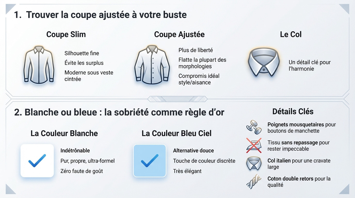 Guide visuel des coupes et couleurs de chemises pour mariage