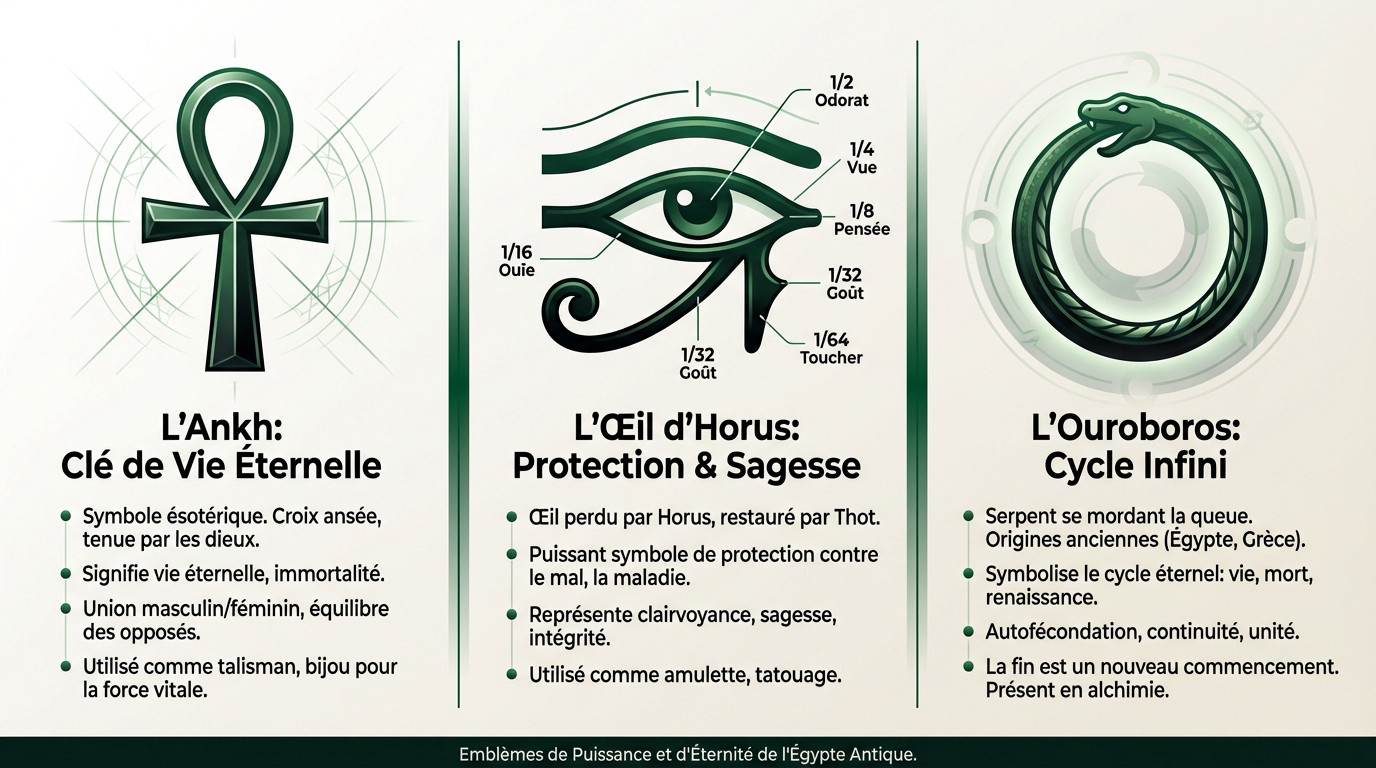 Représentation artistique des symboles éternels de l'Égypte ancienne comme l'Ankh et l'Ouroboros