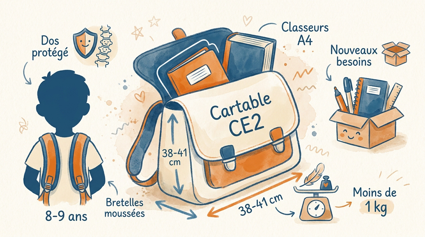 Cartable CE1 / CE2 : ce qui change après le CP Enfant portant un cartable adapté pour le CE2 respectant sa morphologie