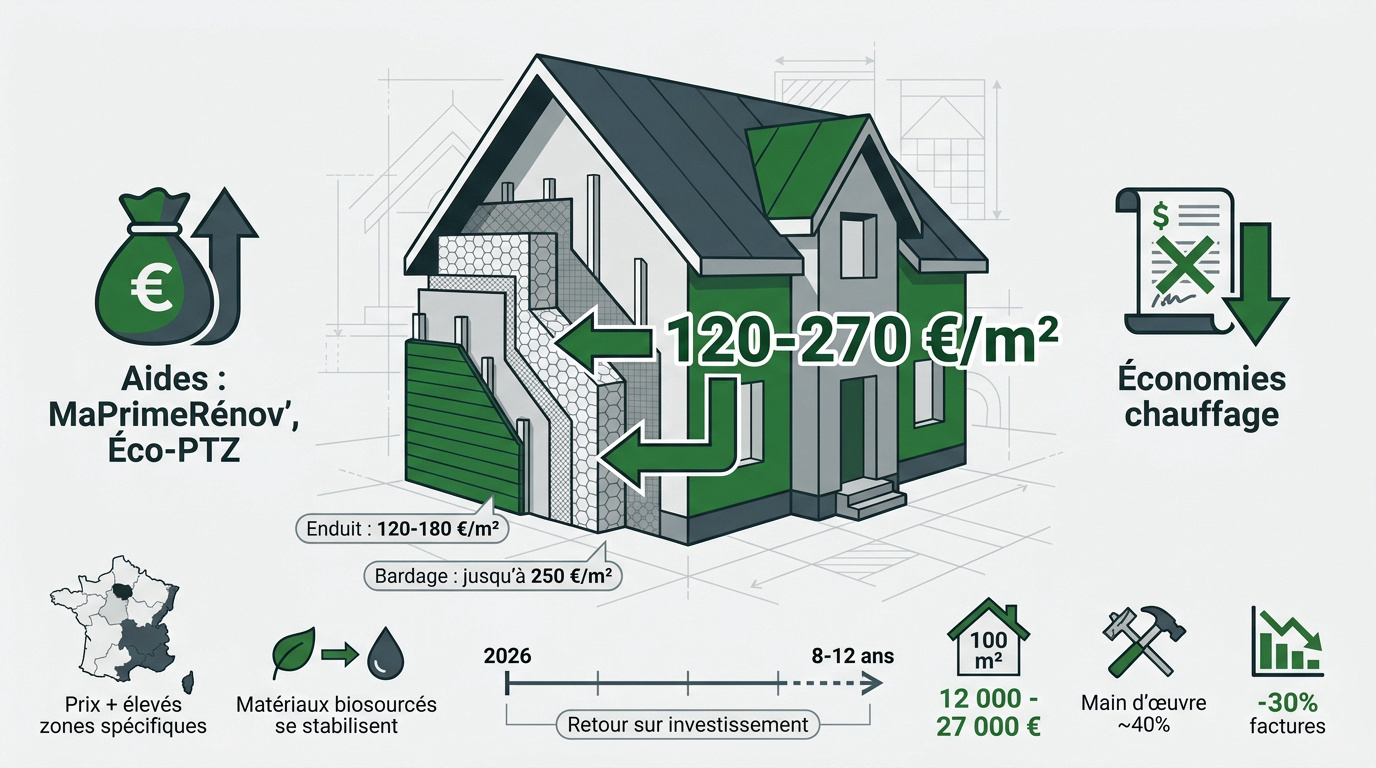 Graphique des coûts et aides pour l'isolation thermique par l'extérieur en 2026