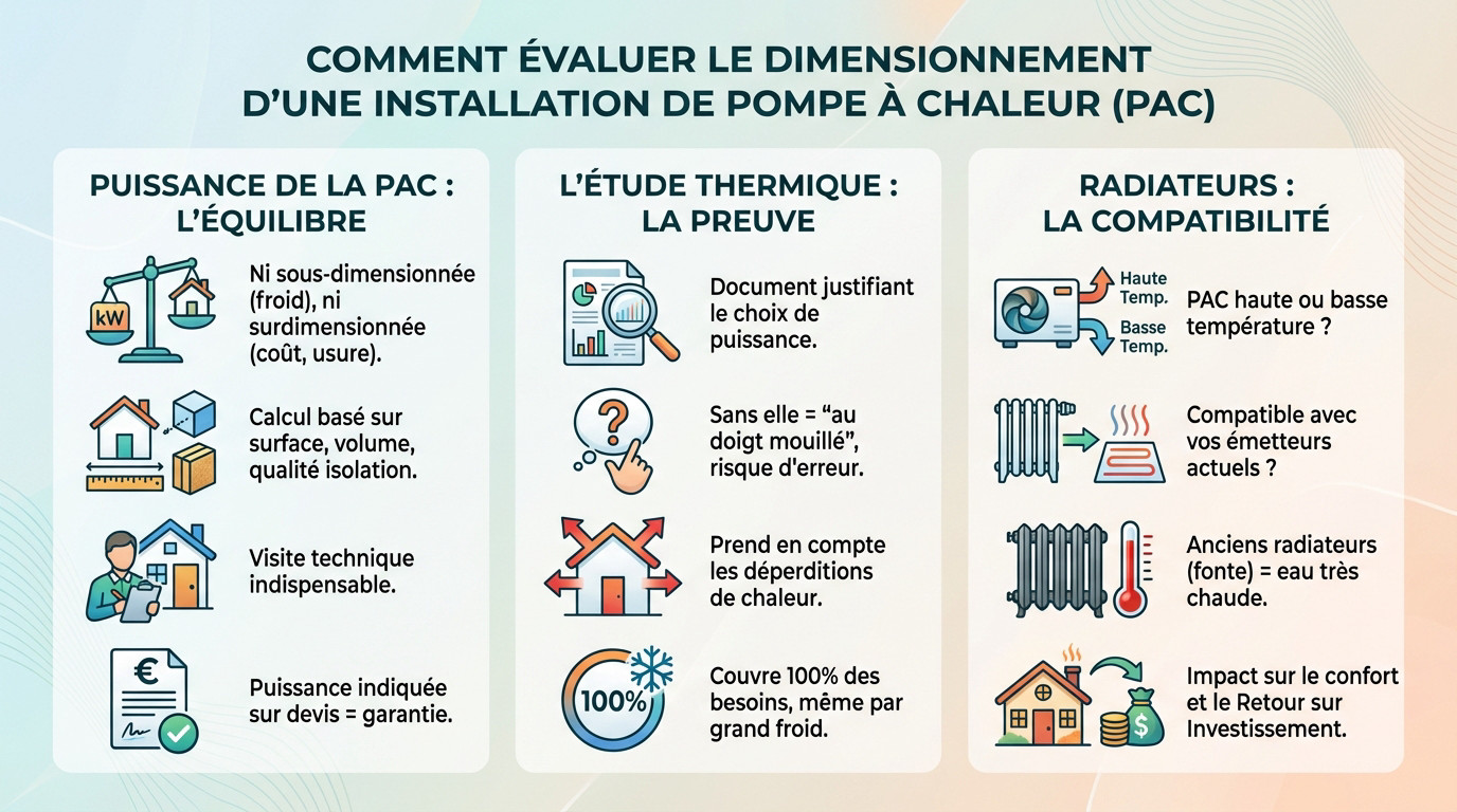 Schéma illustrant le dimensionnement correct d'une pompe à chaleur pour une maison