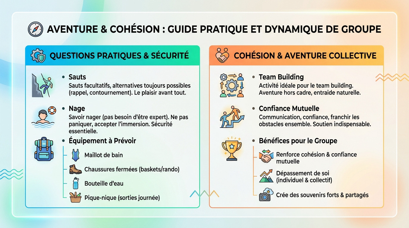 Groupe soudé s'entraidant lors d'une session de canyoning en Ardèche