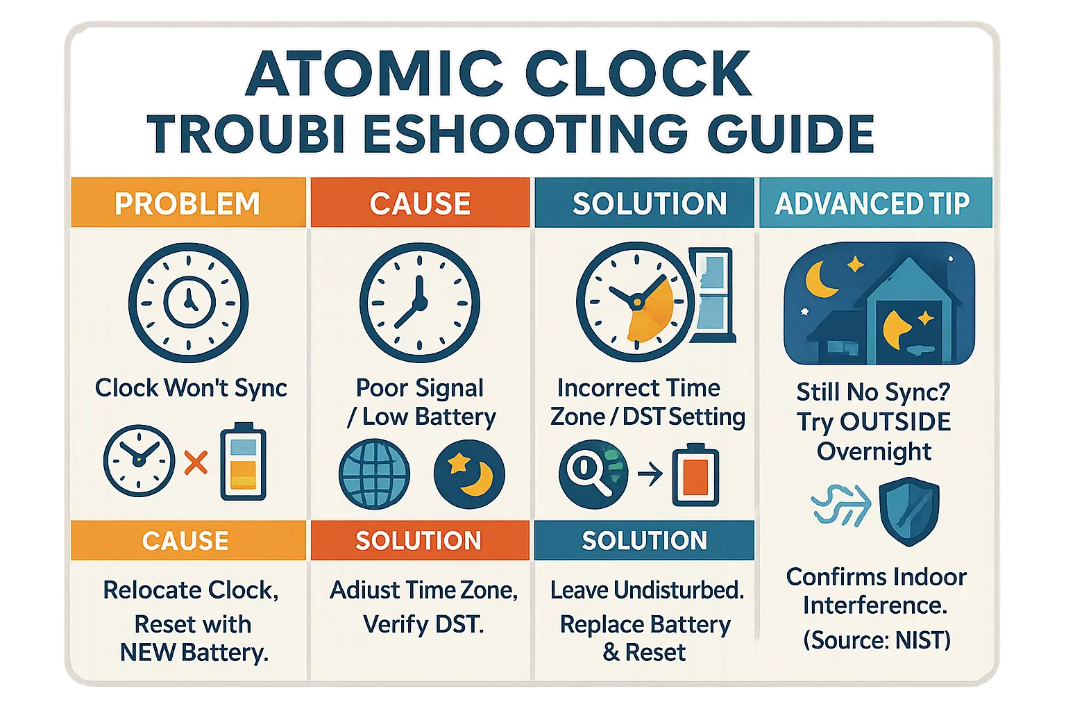 Atomic clock troubleshooting guide illustration