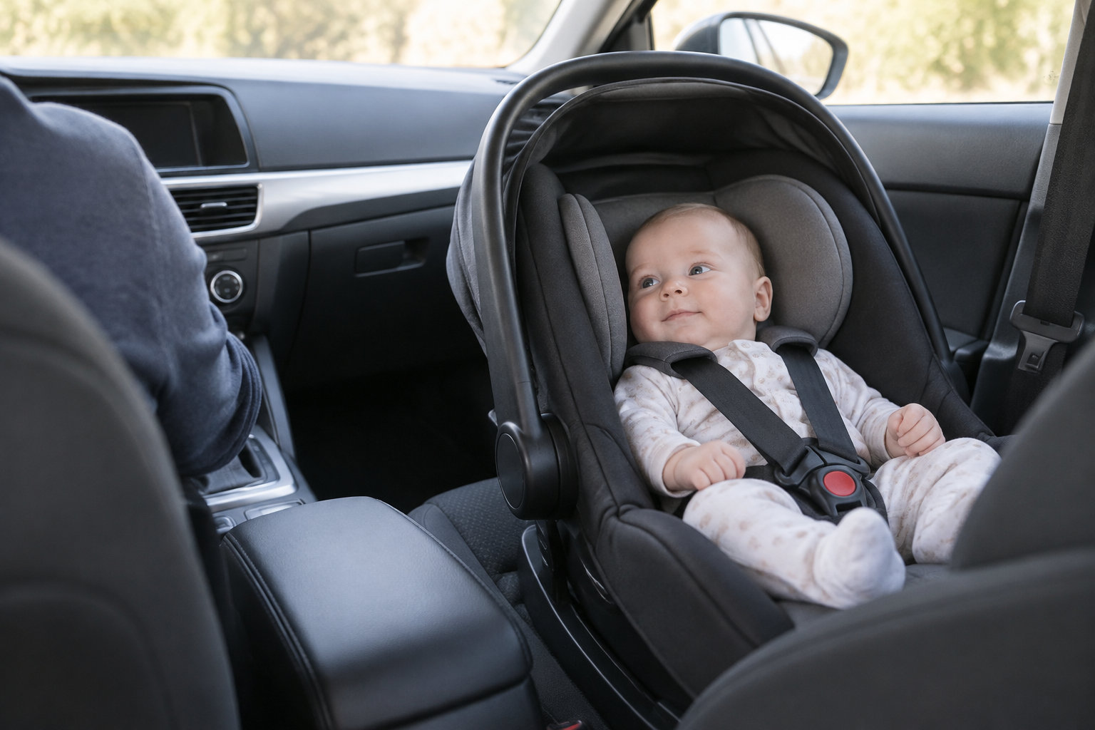 Un bébé souriant est installé dans un siège auto, attaché par un harnais, à l’intérieur d’une voiture.