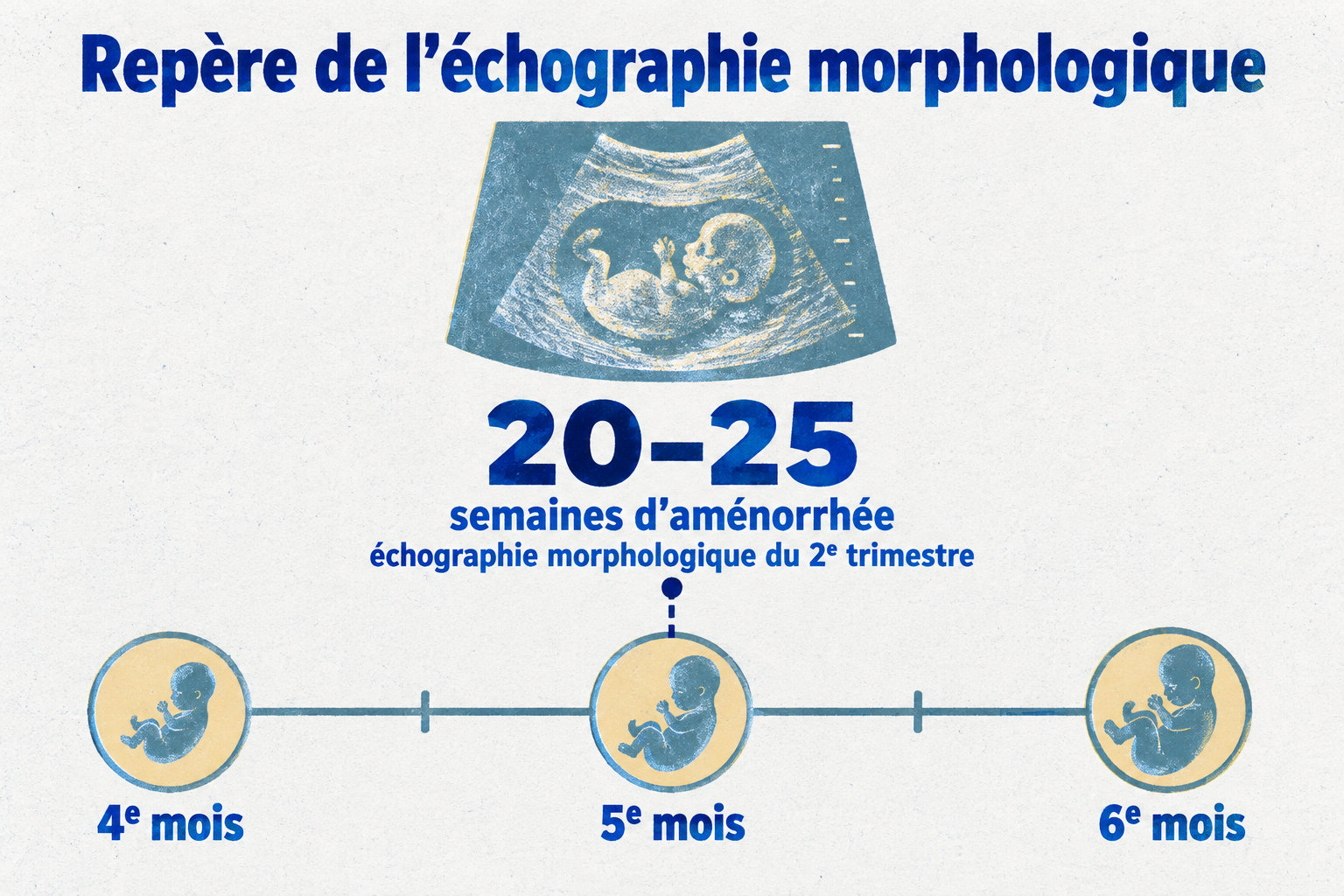 La frise du 4ᵉ au 6ᵉ mois situe l’échographie morphologique entre 20 et 25 semaines d’aménorrhée.