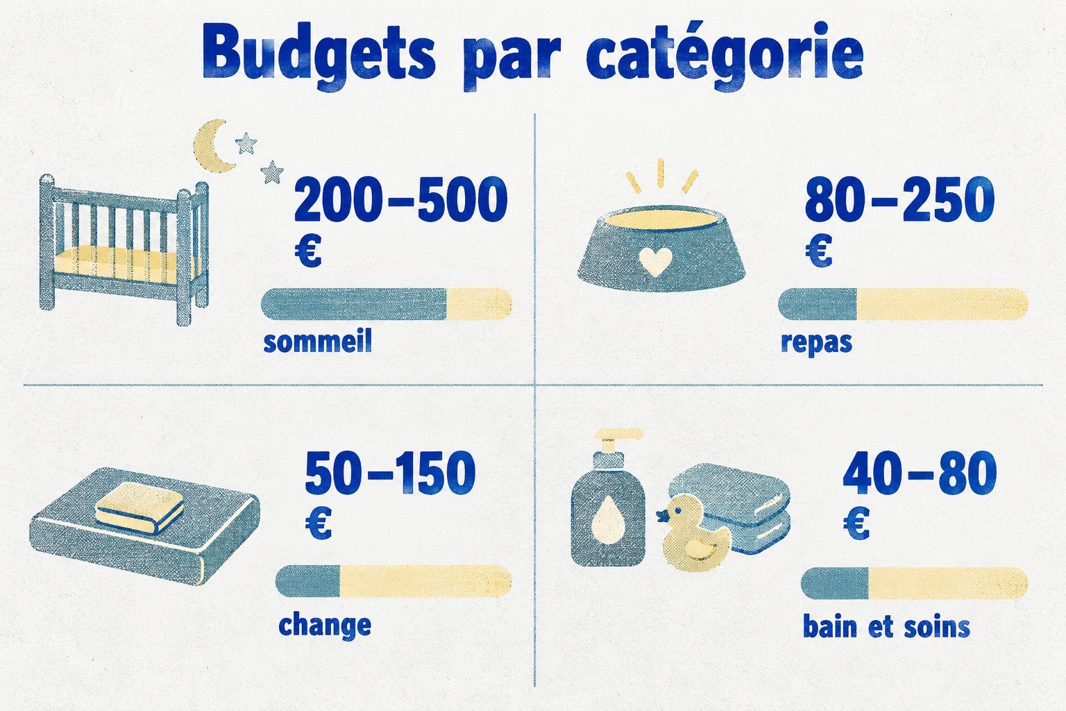 Les budgets indicatifs vont de 200 à 500 € pour le sommeil, de 80 à 250 € pour le repas, de 50 à 150 € pour le change et de 40 à 80 € pour le bain et les soins.