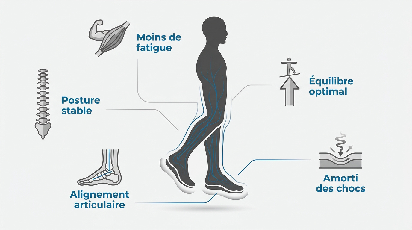 Semelles : comment bien choisir Illustration des bénéfices des orthèses plantaires sur l'alignement du corps