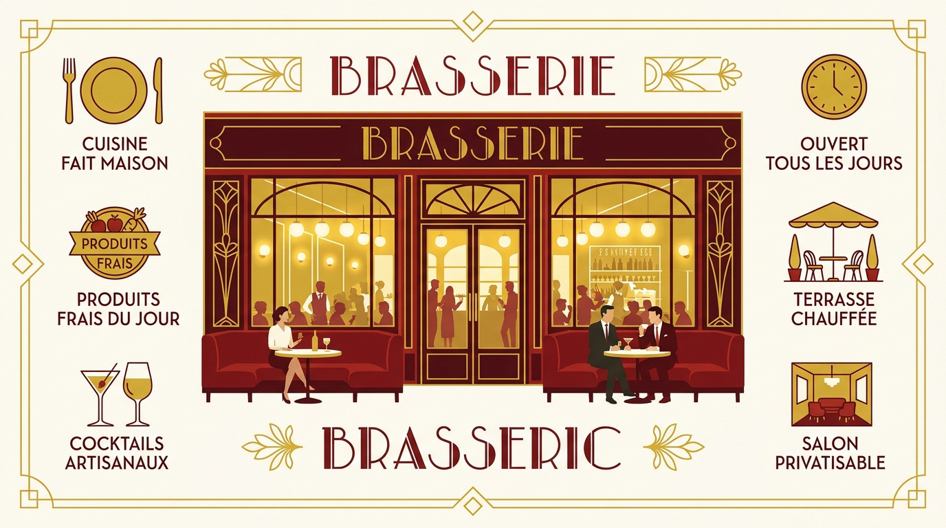 Intérieur d'une brasserie parisienne au style art déco avec banquettes et miroirs