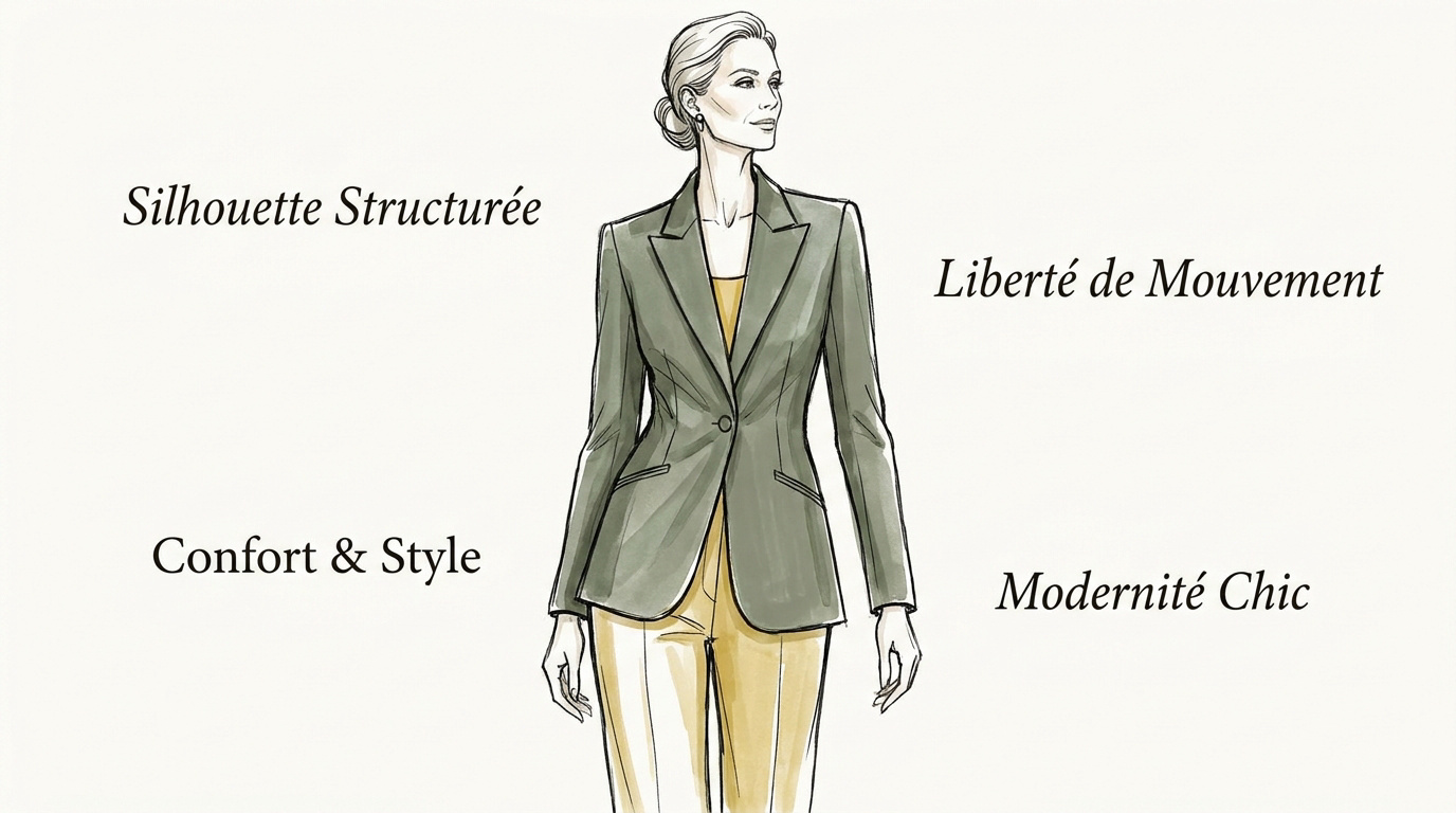 Tailleur pantalon chic et structuré pour femme de soixante ans lors d'un mariage