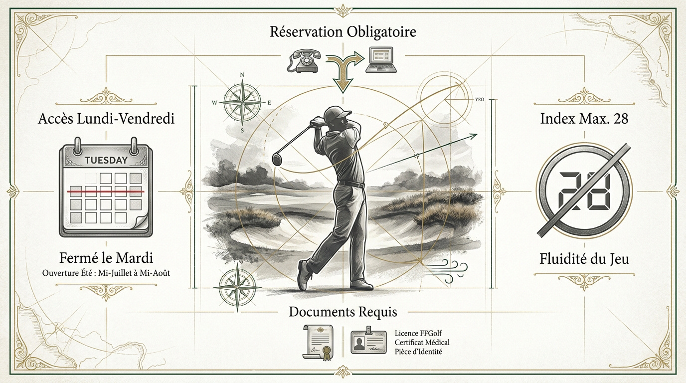 Infographie récapitulative des conditions d'accès et règles du Golf de Fontainebleau