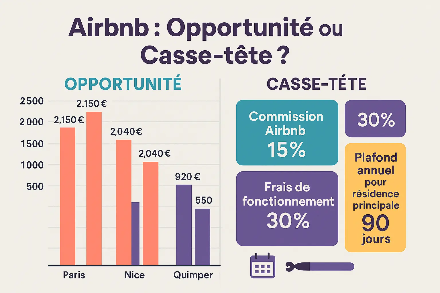 Infographie comparant la rentabilité Airbnb et location classique,
avec les coûts et réglementations.