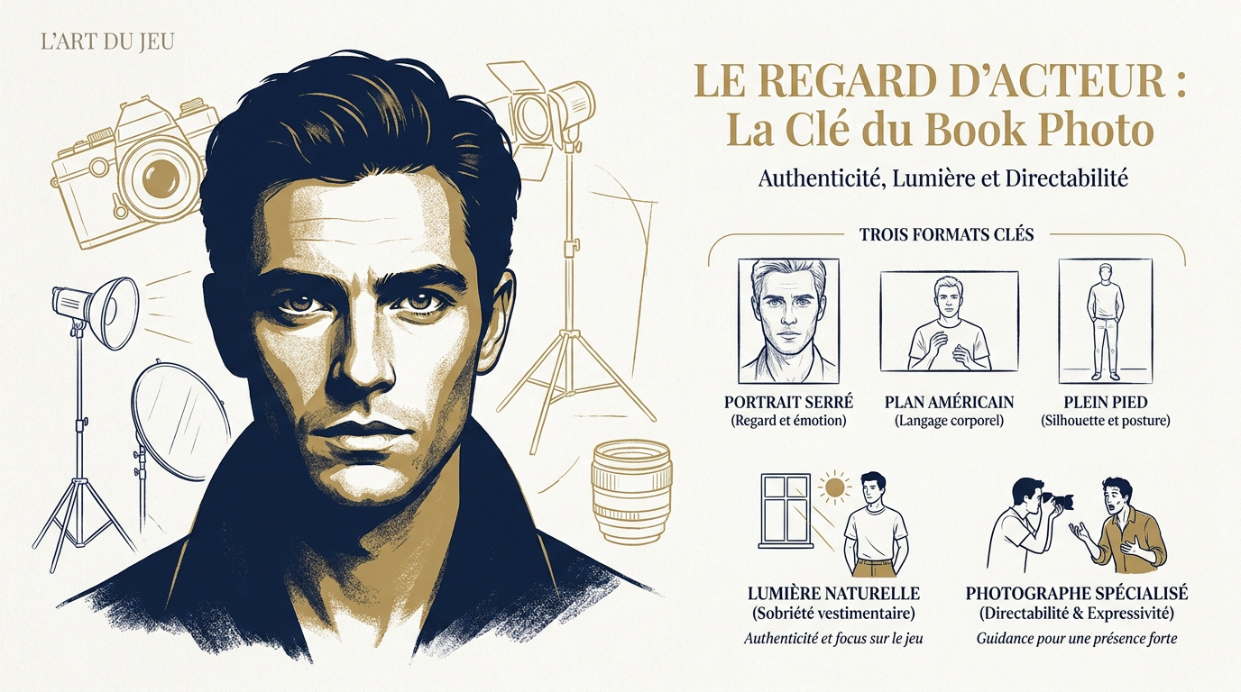 Portrait serré d'un comédien mettant en avant l'intensité du regard pour un casting