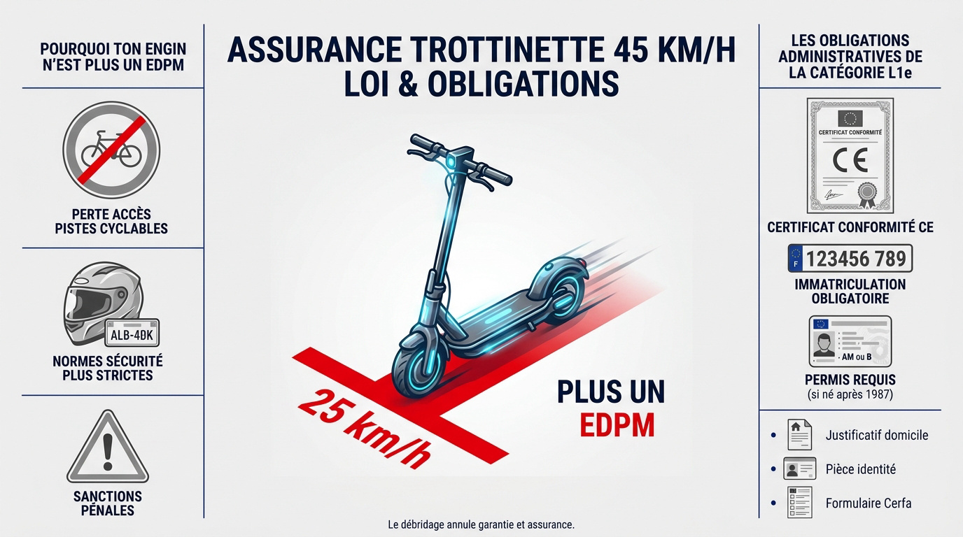 Trottinette électrique rapide immatriculée circulant sur la chaussée