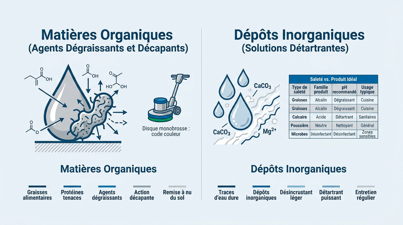 Sch&eacute;ma explicatif de la classification des agents de nettoyage selon leur pH et leur fonction