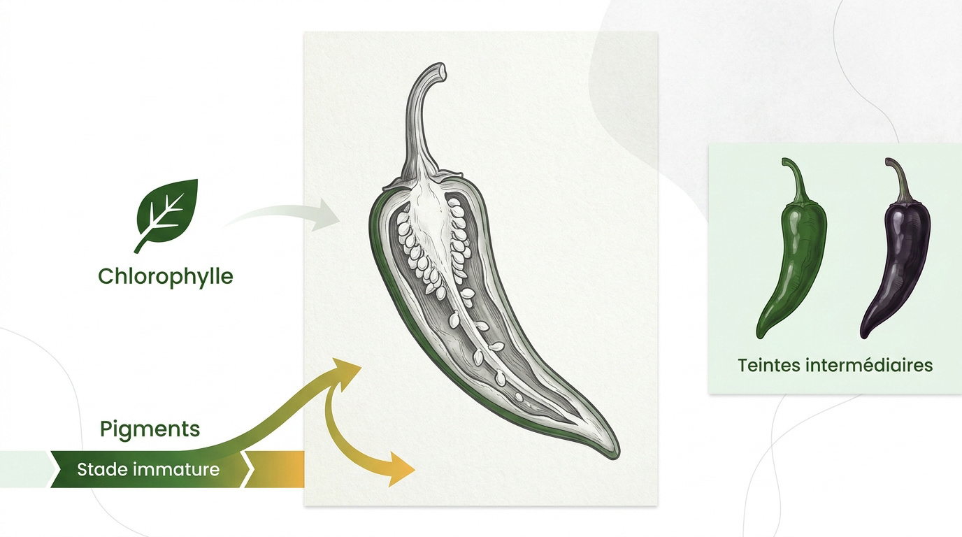 Schéma du cycle de vie du piment et évolution des pigments dela chlorophylle vers les caroténoïdes