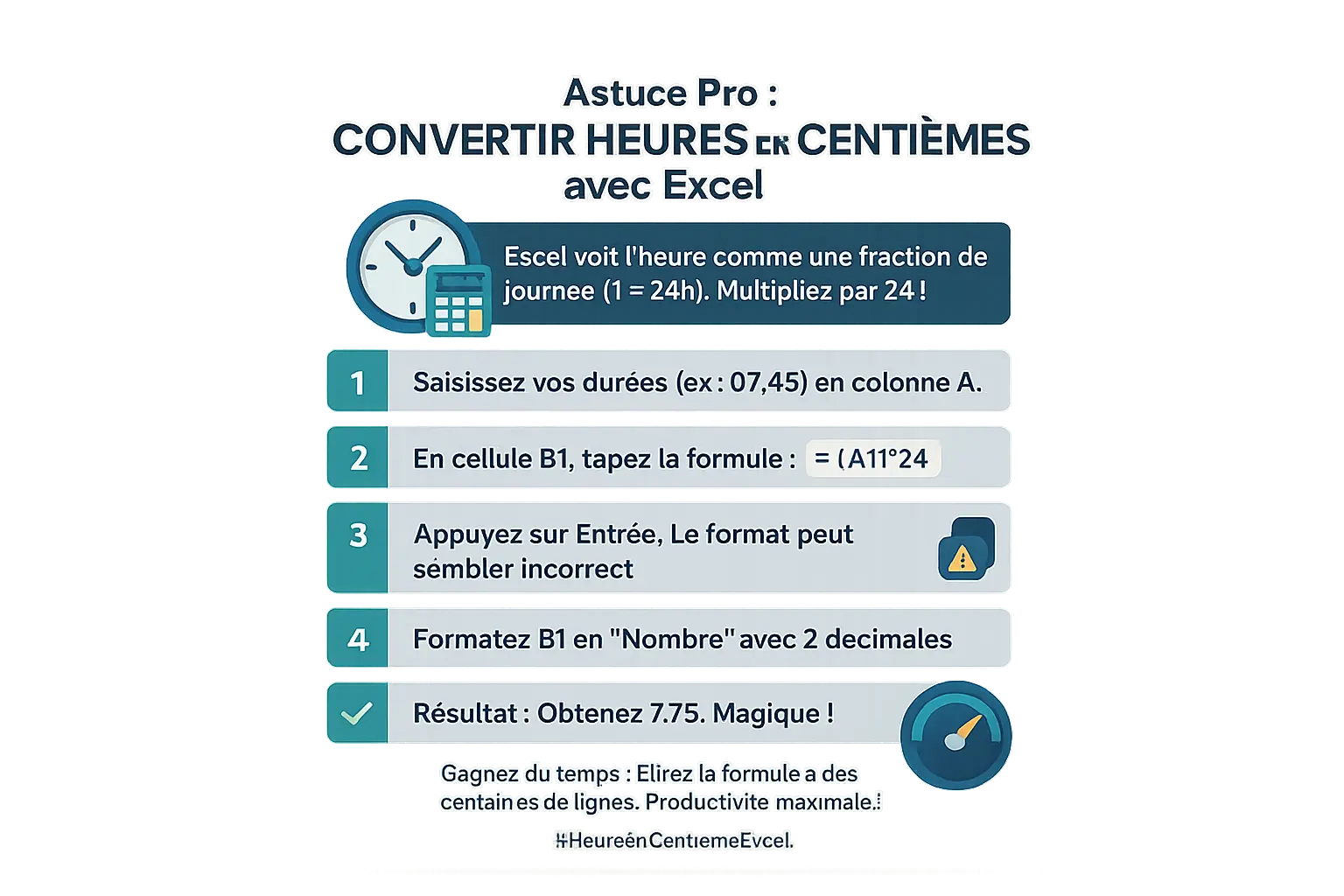Illustration montrant un tableau Excel avec <strong>conversion d'heures en centièmes</strong>