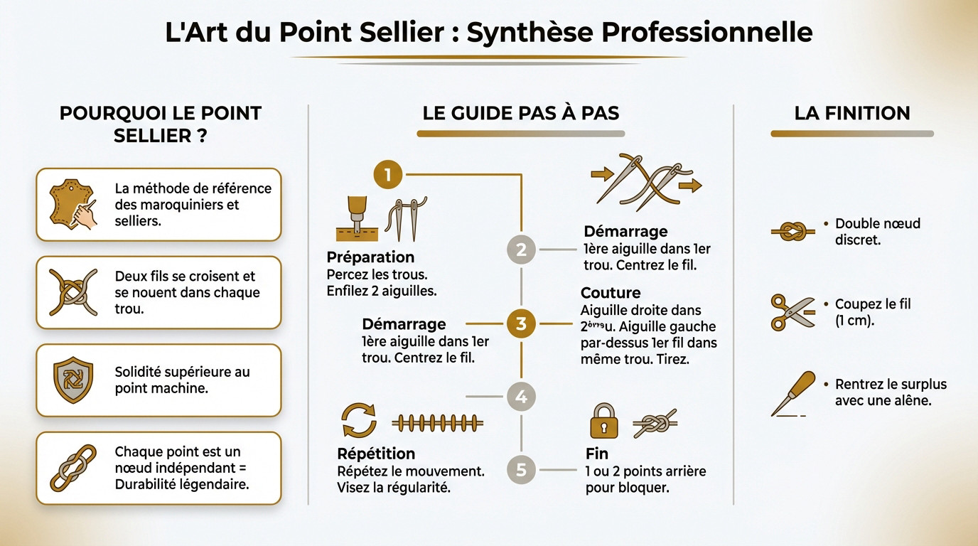 Schéma technique illustrant la robustesse du point sellier manuel face à la couture machine