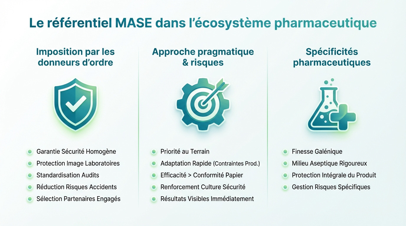 Technicien en combinaison stérile vérifiant une installation pharmaceutique sous référentiel MASE