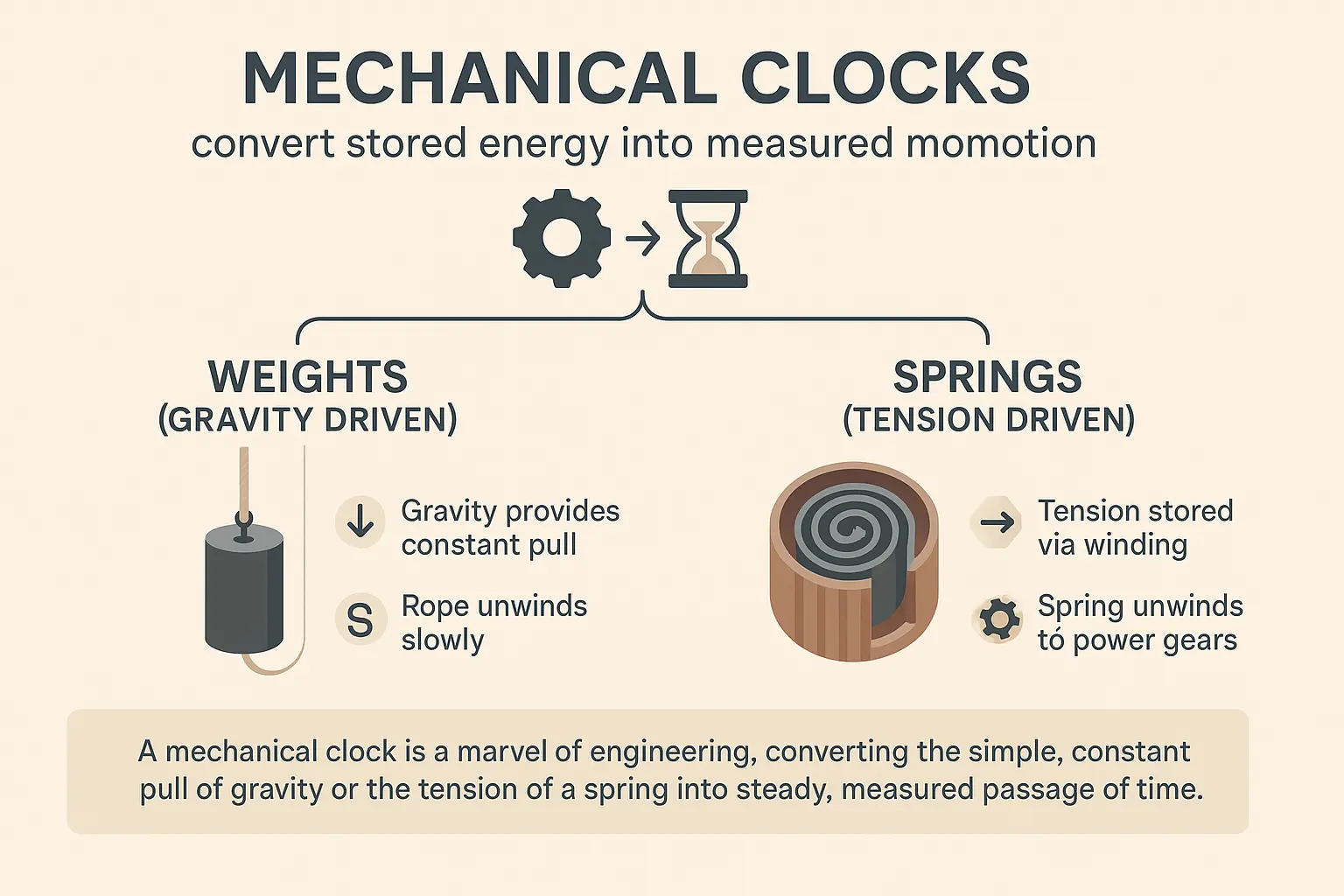 Mechanical clock energy sources: weights versus springs comparison