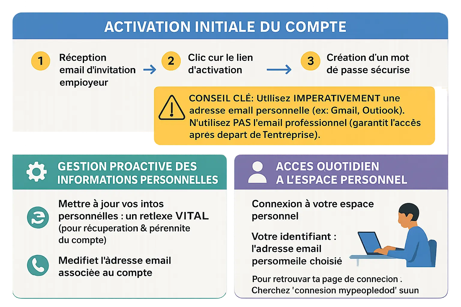 Interface utilisateur de MyPeopleDoc montrant les étapes de connexion et de gestion du compte