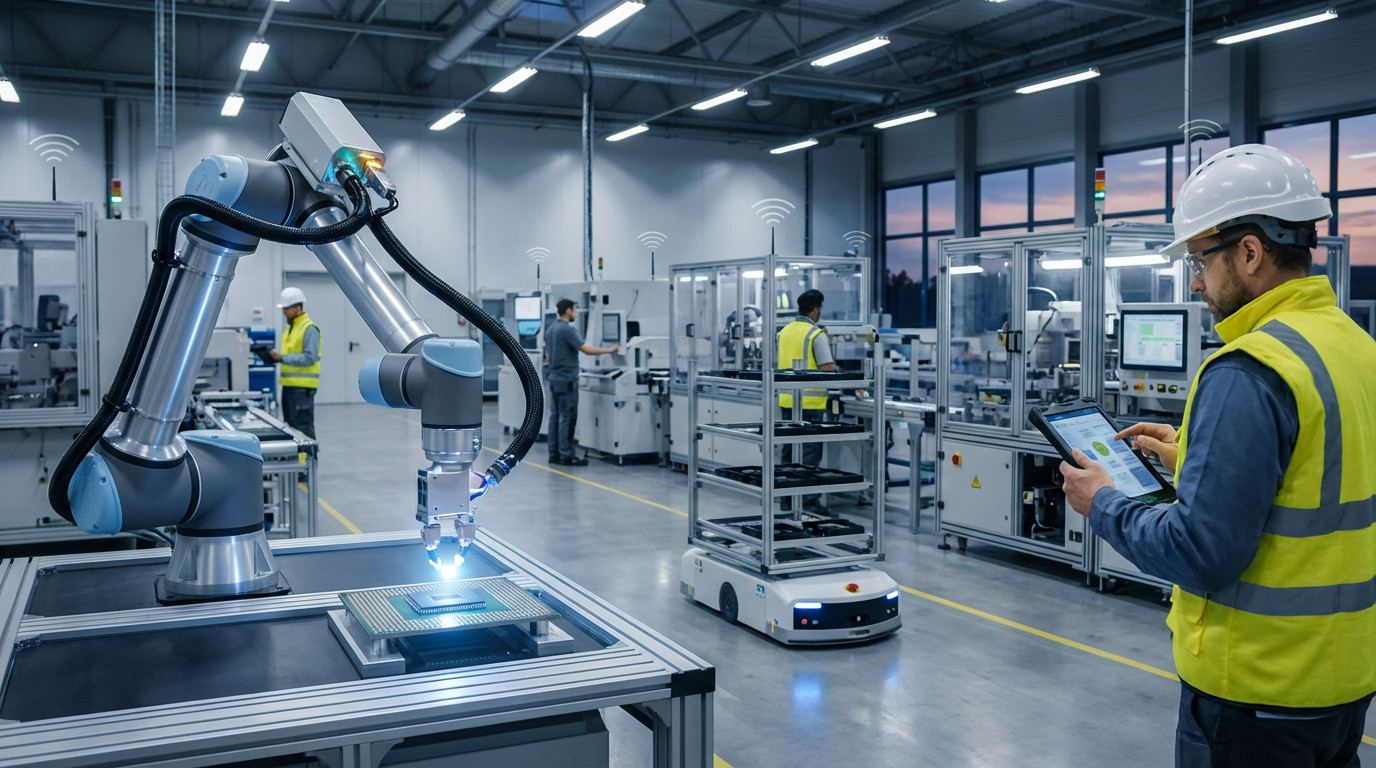 Usine intelligente moderne avec robots AGV et opérations connectées via 5G privée