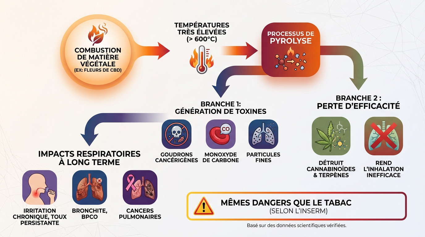 Schéma explicatif des risques pulmonaires liés à la combustion de matière végétale