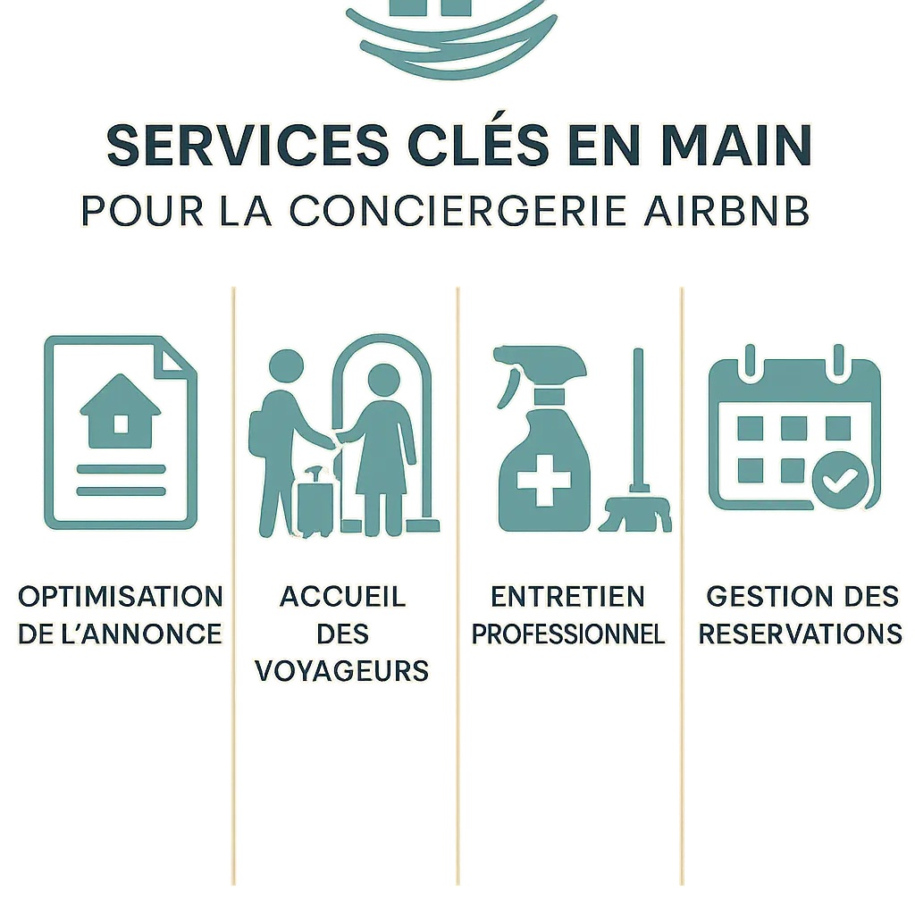 Infographie illustrant les services clés en main de Simple Nest pour la conciergerie Airbnb, incluant l'optimisation de l'annonce, l'accueil des voyageurs, l'entretien professionnel et la gestion des réservations.