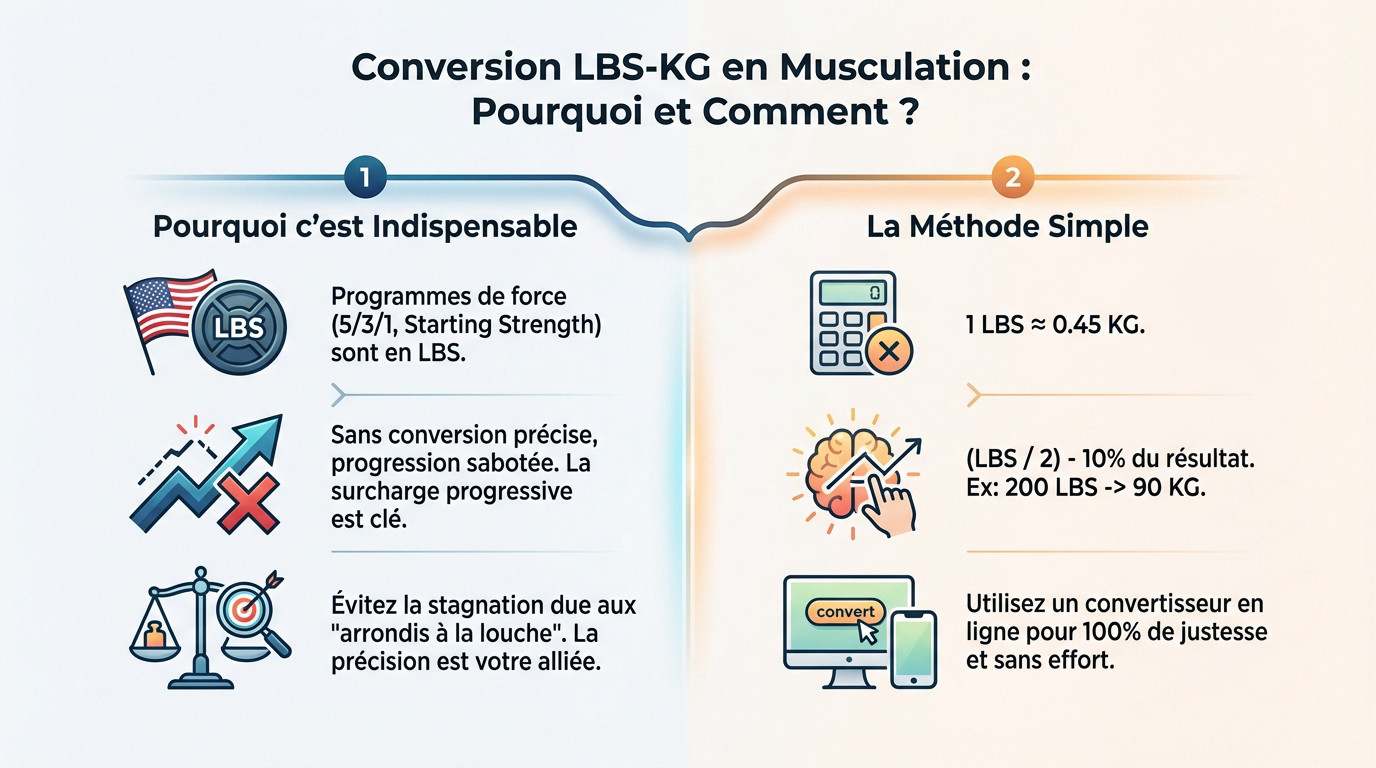 Haltères et poids en salle de sport illustrant la conversion lbs kg musculation