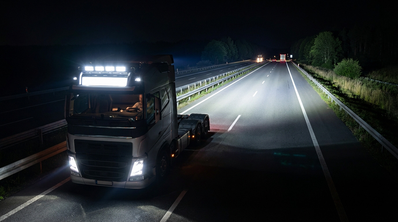 Camion poids lourd roulant de nuit sur autoroute avec éclairage LED longue portée puissant