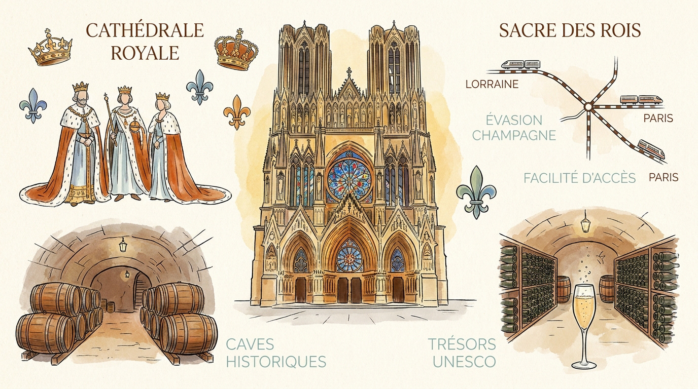 Cathédrale Notre-Dame de Reims illuminée sous un ciel de fin de journée