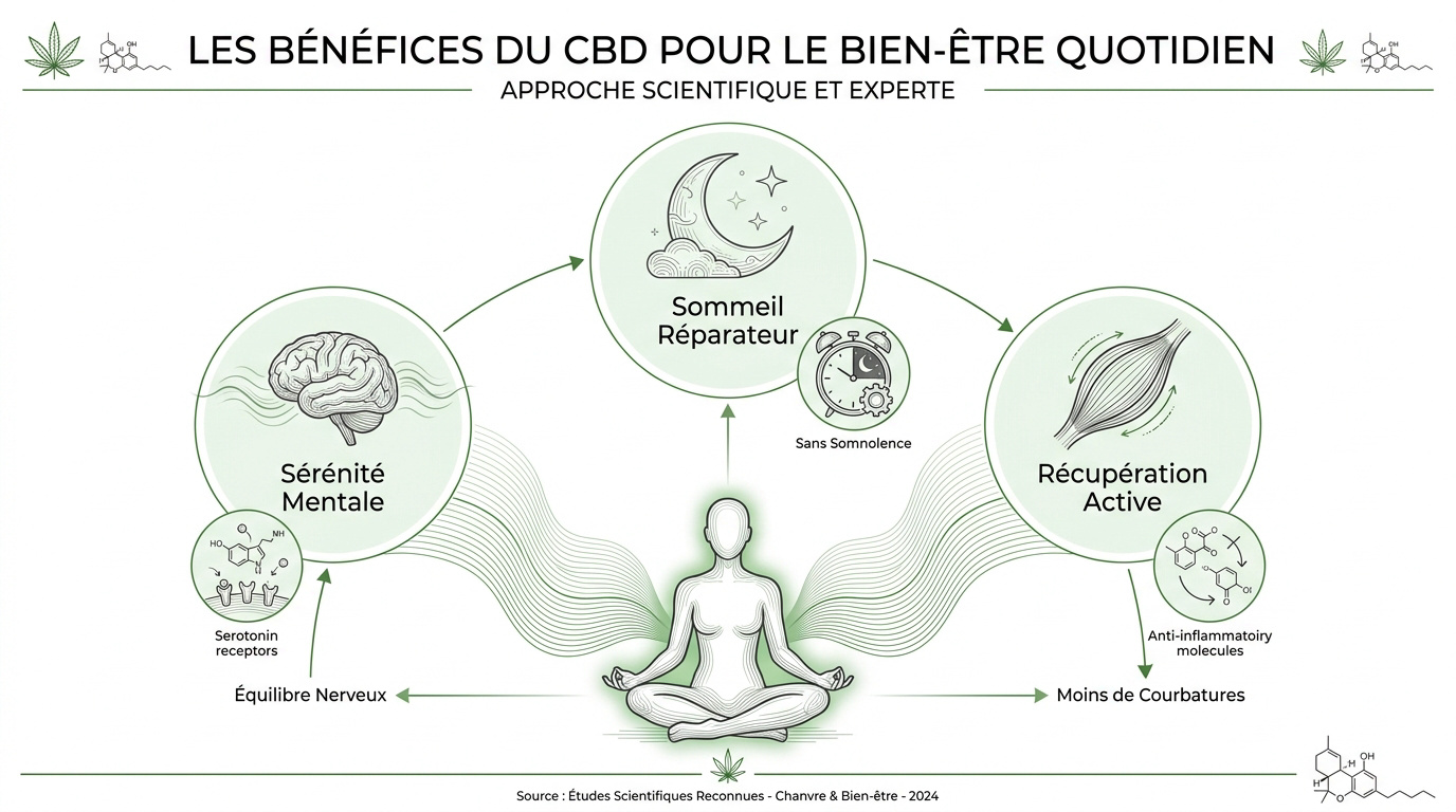 Infographie détaillant les bénéfices du CBD pour la relaxation et la récupération musculaire