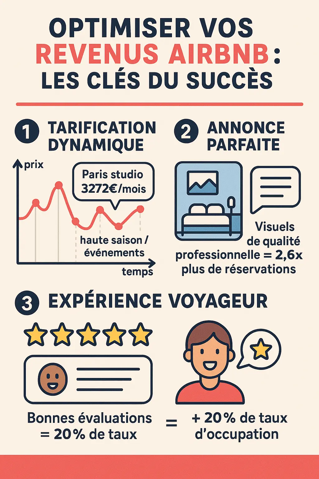 Infographie présentant les astuces pour optimiser les revenus Airbnb
: tarification dynamique, annonce parfaite, expérience voyageur.