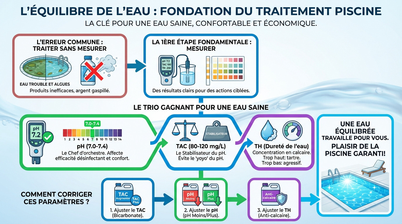 Analyse de l'équilibre de l'eau d'une piscine avec bandelette de test pH et chlore