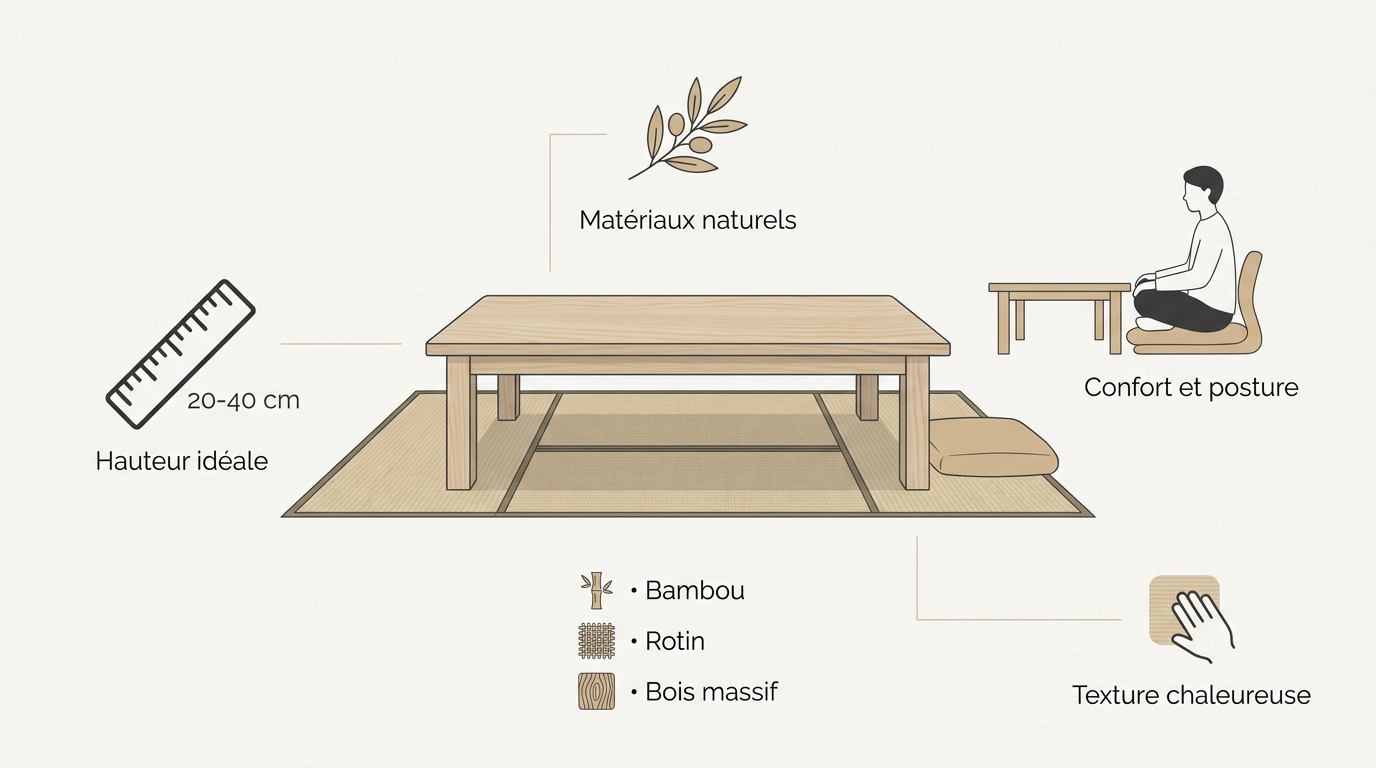 Infographie présentant les caractéristiques d'une table basse de style japandi et japonais