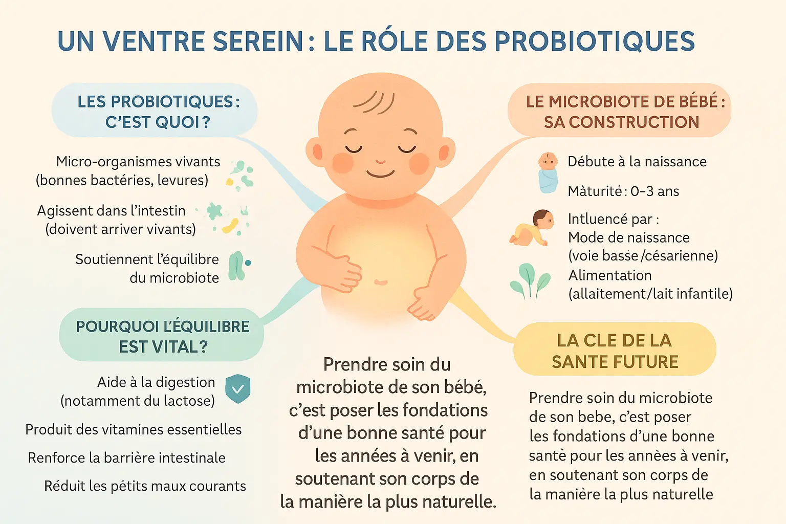 Bébé souriant avec ventre apaisé grâce aux probiotiques