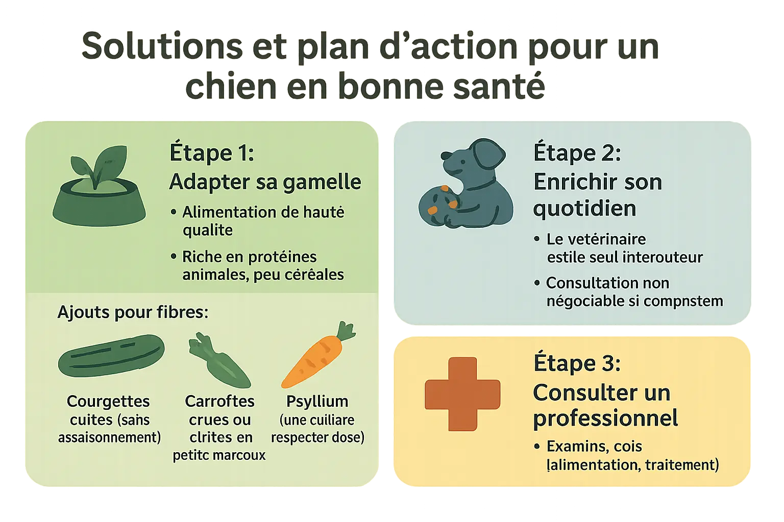 Illustration d'un chien heureux avec son maître, entouré de légumes et de jouets d'occupation