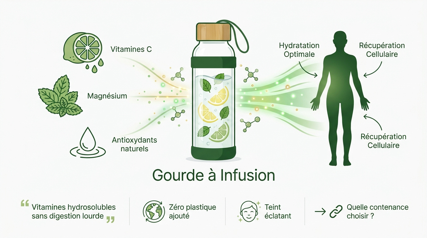 Gourde en verre avec infusion de fruits frais et herbes aromatiques