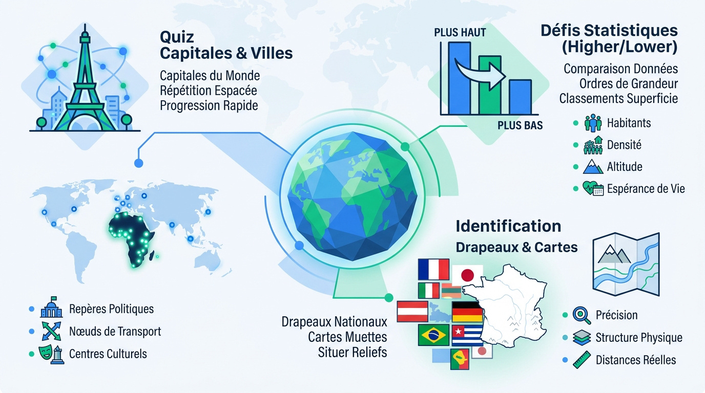 Infographie présentant trois types de jeux pour améliorer sa culture géographique mondiale