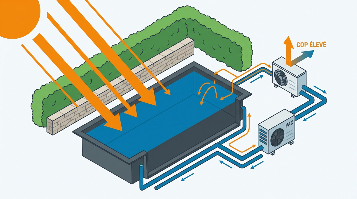 Piscine moderne équipée d'une pompe à chaleur et de panneaux solaires pour une efficacité énergétique optimale