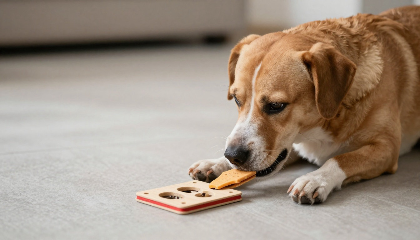 Chien jouant avec un puzzle nourriture fromage