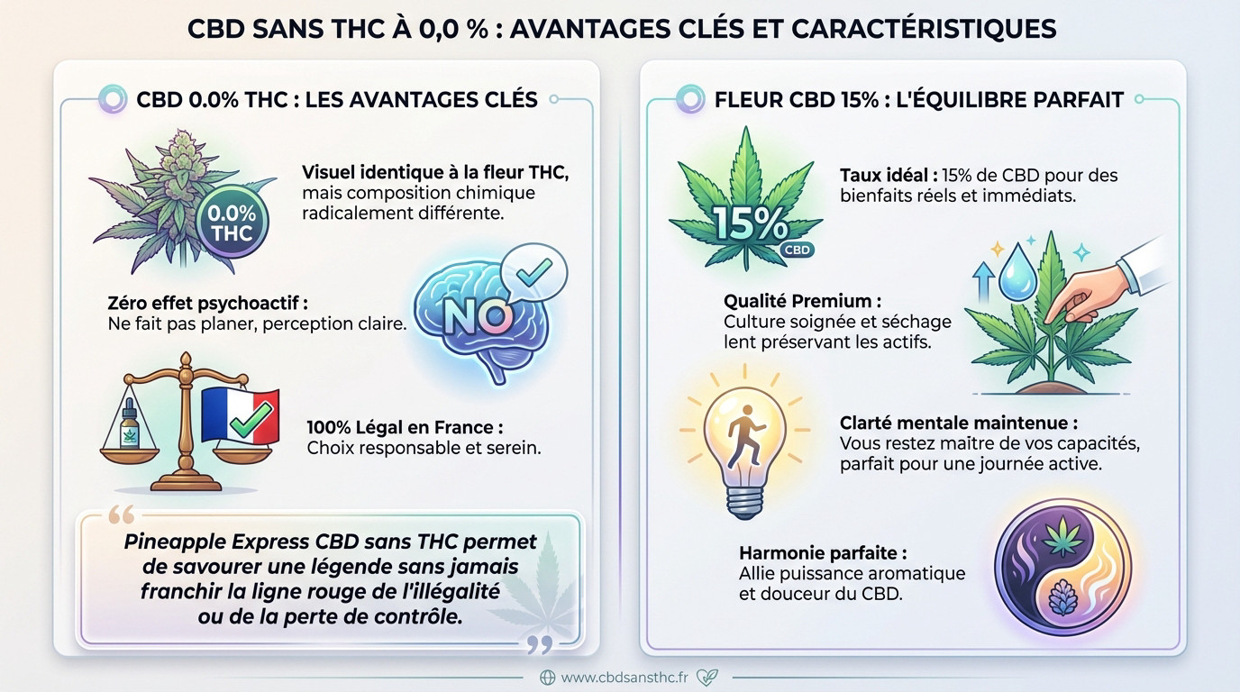 Comparaison visuelle fleur CBD sans THC et équilibre des bienfaits